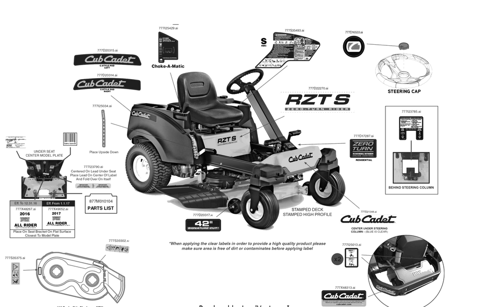 Label Map Diagram and Parts List for RZT-S42KH (17WRCBDS010)(2017) Cub Cadet Lawn Tractor